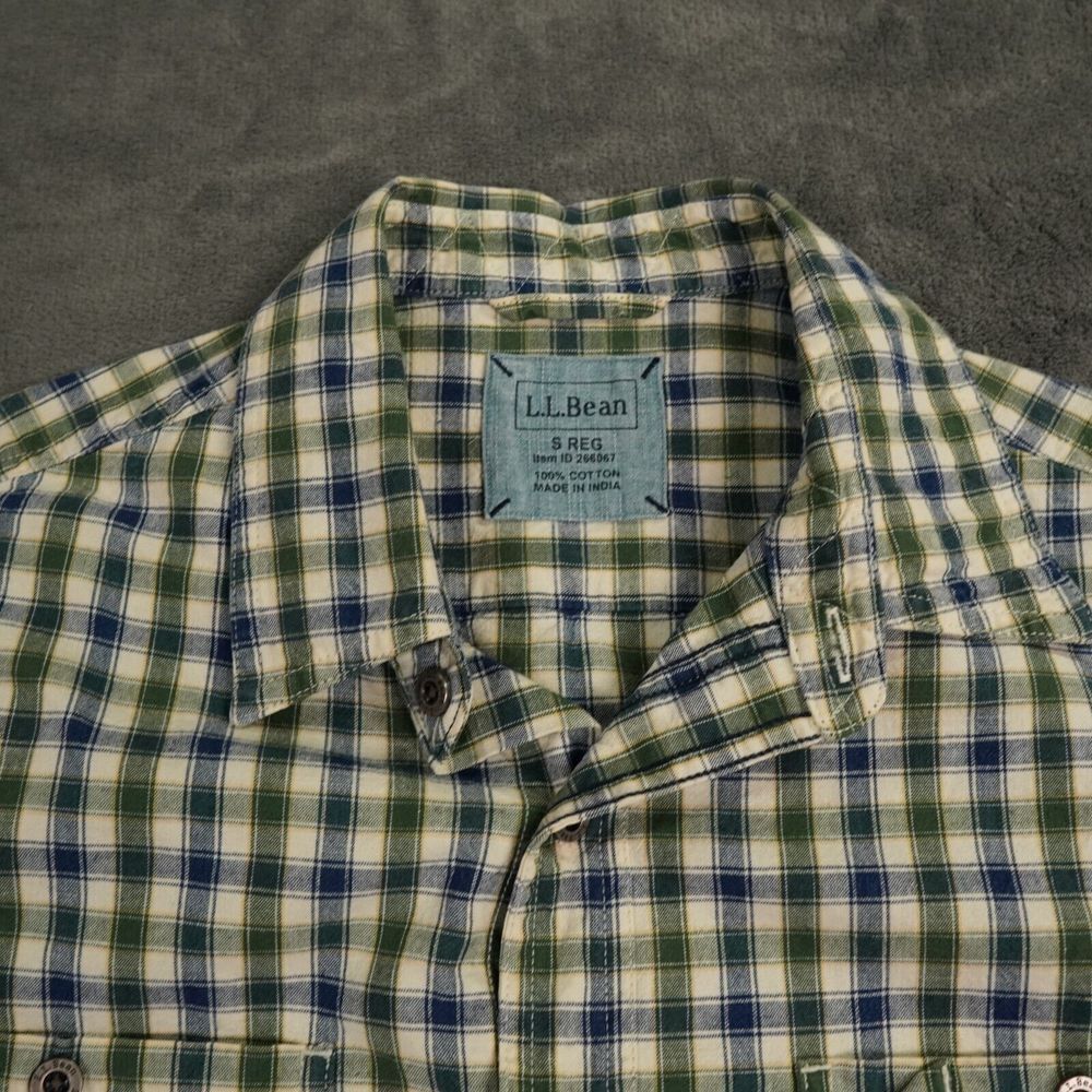 ll Bean Shirt Mens Small Green Blue Gingham Plaid Metal Buttons Hunting